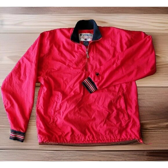 Vtg Champion Pullover Windbreaker Jacket Mens M Red Nylon 1/2 Zip Baggy Big C - Picture 1 of 7